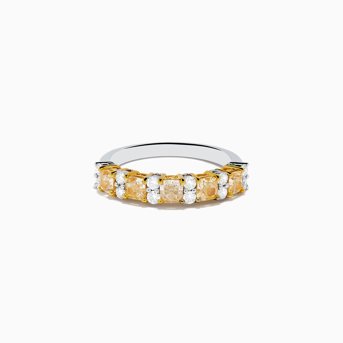 The Canare 18K Two Tone Gold White and Yellow Diamond Band Ring features rectangular yellow and round white diamonds set in prongs along a sleek two-tone gold band.