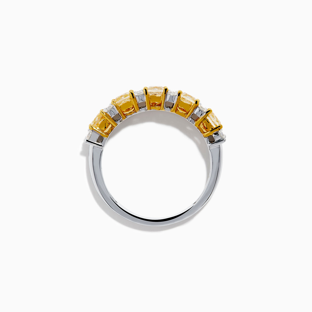 The Canare 18K Two Tone Gold White and Yellow Diamond Band Ring features rectangular yellow and round white diamonds set in prongs along a sleek two-tone gold band.