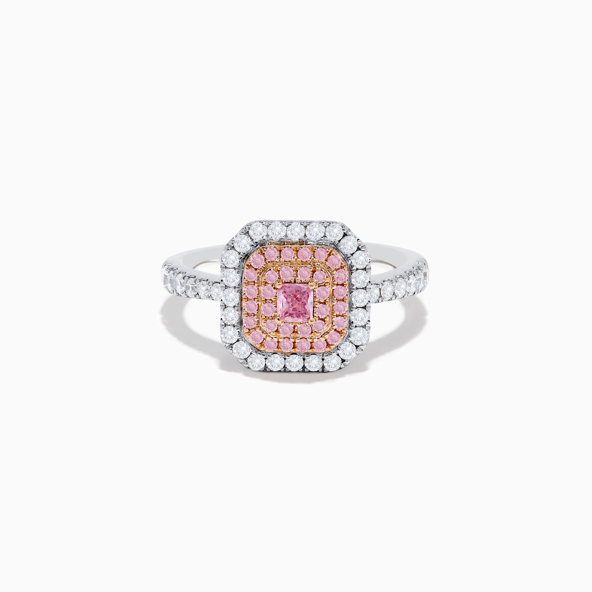 The 18K Two Tone Gold White and Pink Diamond Ring showcases a square pink diamond center, double rows of pink diamonds, an outer border of round white diamonds, and additional diamonds set along the band.
