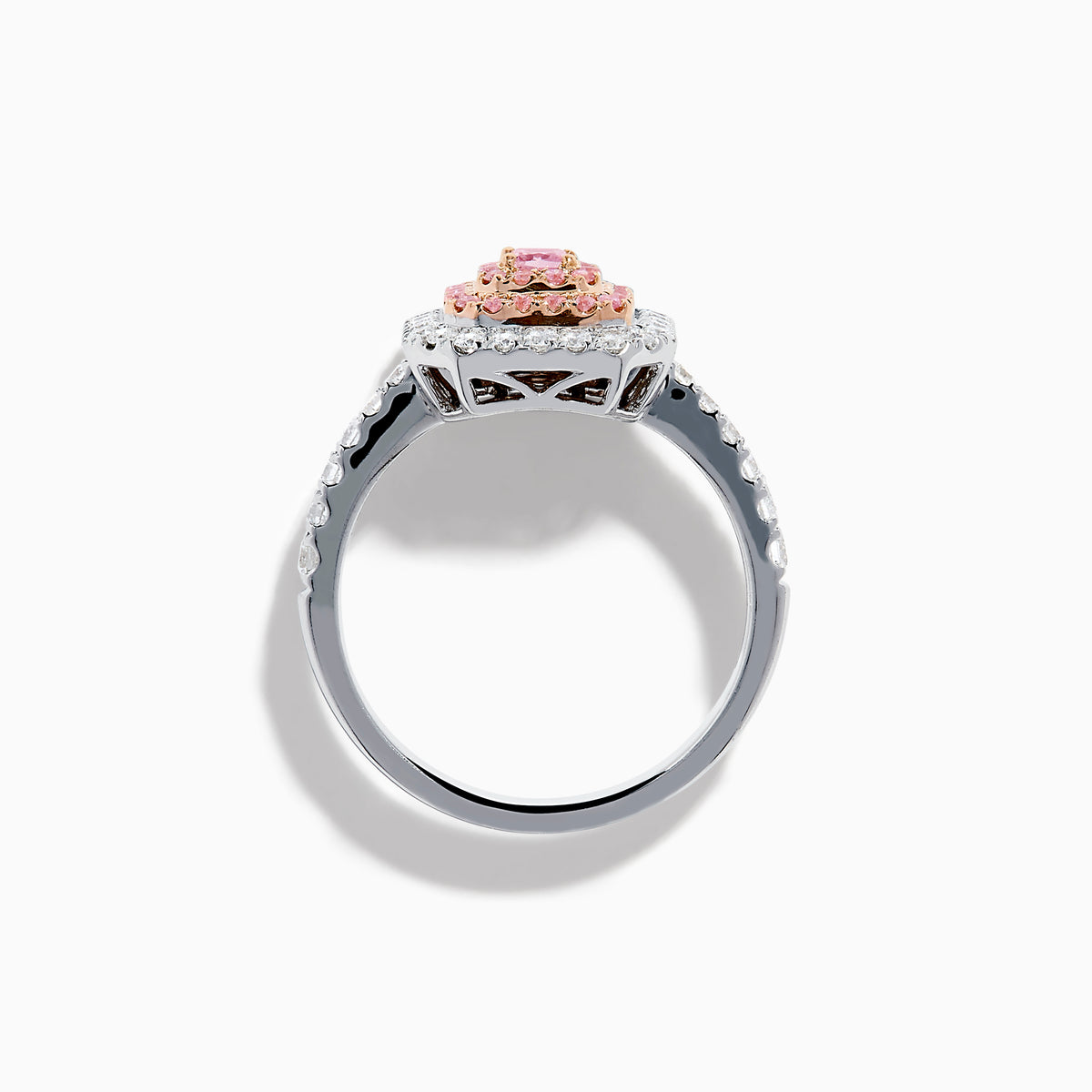 The 18K Two Tone Gold White and Pink Diamond Ring showcases a square pink diamond center, double rows of pink diamonds, an outer border of round white diamonds, and additional diamonds set along the band.