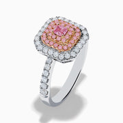 The 18K Two Tone Gold White and Pink Diamond Ring showcases a square pink diamond center, double rows of pink diamonds, an outer border of round white diamonds, and additional diamonds set along the band.