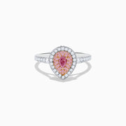 The 18K Two Tone Gold White and Pink Diamond Ring features a teardrop-shaped center with a pink gemstone, surrounded by pink and white stones, set on a band adorned with sparkling white diamonds.