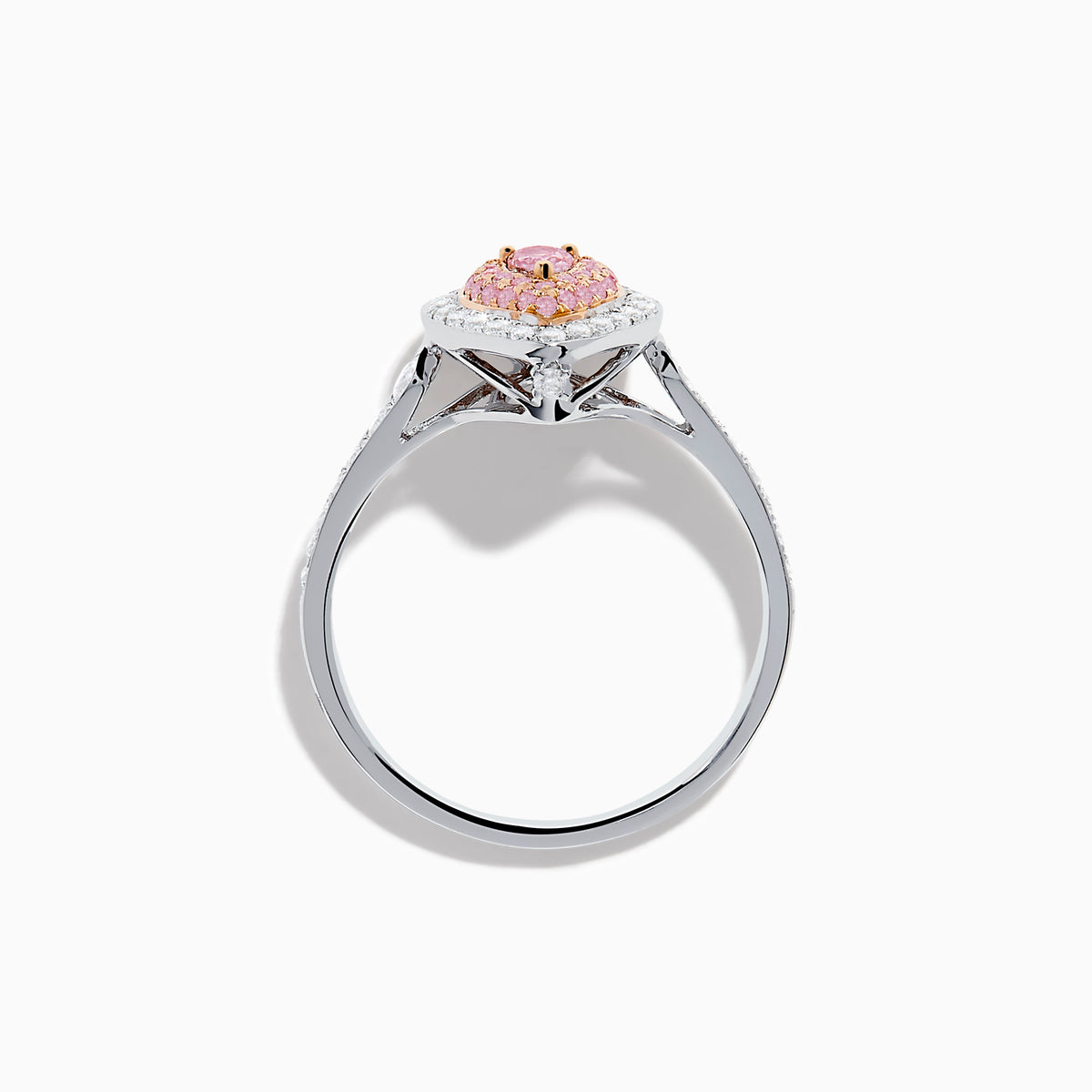 The 18K Two Tone Gold White and Pink Diamond Ring features a teardrop-shaped center with a pink gemstone, surrounded by pink and white stones, set on a band adorned with sparkling white diamonds.