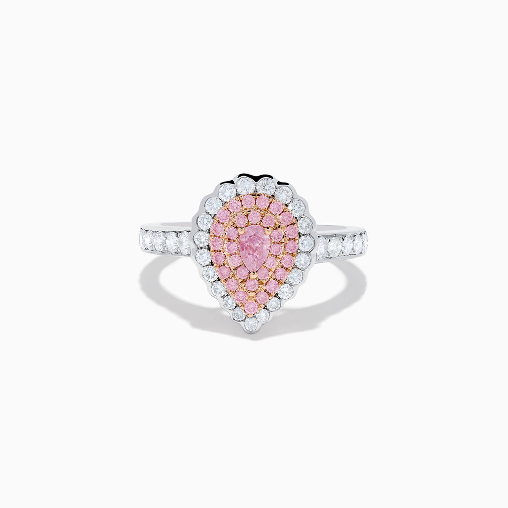 The 18K Two Tone Gold White and Pink Diamond Ring features a teardrop-shaped pink center stone, two rows of pink diamonds, an outer row of white diamonds, and a diamond-adorned band for an elegant look.