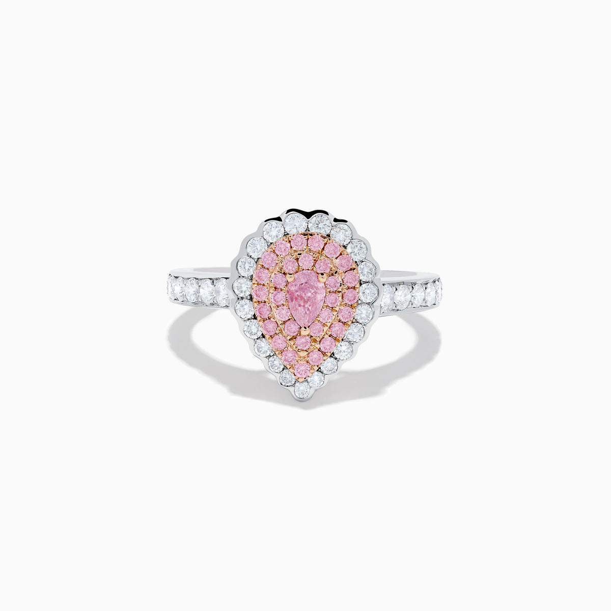 The 18K Two Tone Gold White and Pink Diamond Ring features a teardrop-shaped pink center stone, two rows of pink diamonds, an outer row of white diamonds, and a diamond-adorned band for an elegant look.