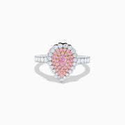 The 18K Two Tone Gold White and Pink Diamond Ring features a teardrop-shaped pink center stone, two rows of pink diamonds, an outer row of white diamonds, and a diamond-adorned band for an elegant look.
