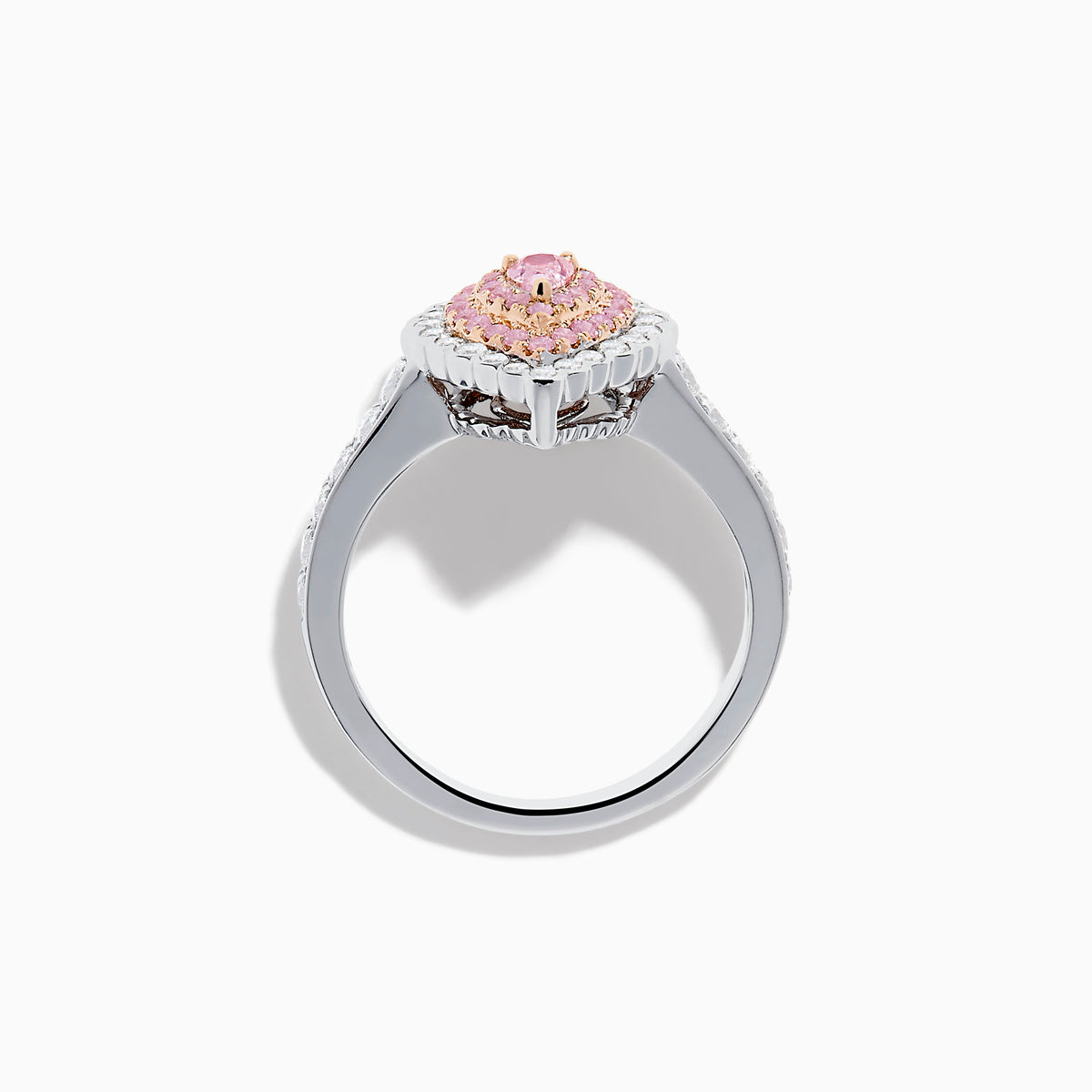 The 18K Two Tone Gold White and Pink Diamond Ring features a teardrop-shaped pink center stone, two rows of pink diamonds, an outer row of white diamonds, and a diamond-adorned band for an elegant look.