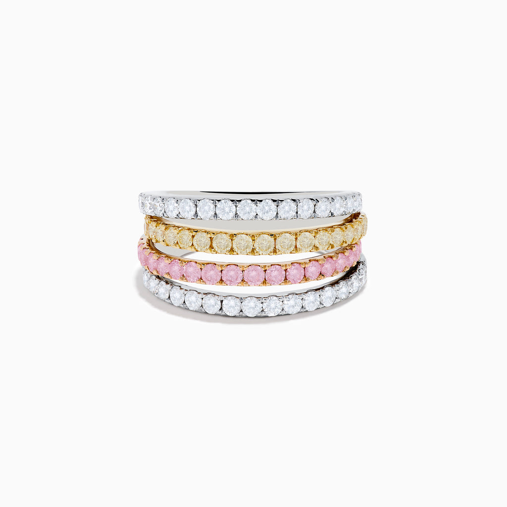 The 18K Three Tone Gold Multi Color Diamond Band Ring features four thin rings in a trio of gold tones, set with clear stones and diamonds, plus a pink stone band for extra charm.