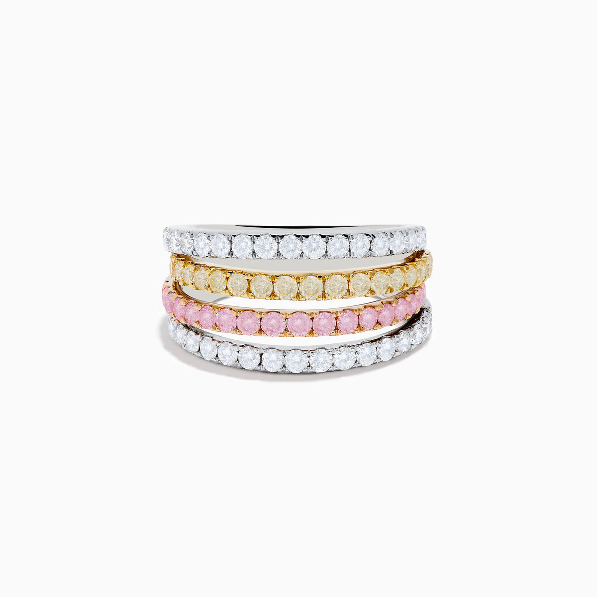 The 18K Three Tone Gold Multi Color Diamond Band Ring features four thin rings in a trio of gold tones, set with clear stones and diamonds, plus a pink stone band for extra charm.