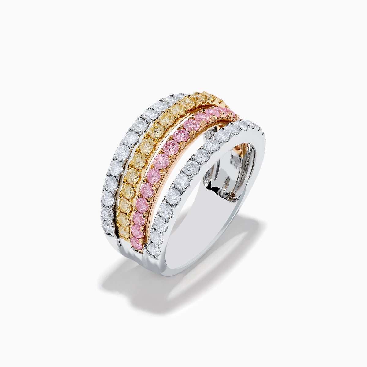 The 18K Three Tone Gold Multi Color Diamond Band Ring features four thin rings in a trio of gold tones, set with clear stones and diamonds, plus a pink stone band for extra charm.
