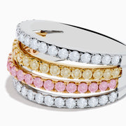 The 18K Three Tone Gold Multi Color Diamond Band Ring features four thin rings in a trio of gold tones, set with clear stones and diamonds, plus a pink stone band for extra charm.