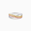 The Trio 18K Gold Pink, Yellow, and White Diamond Criss Cross Ring showcases three intertwined rows with pink, yellow, and white diamonds and elegant details, all set against a white background.