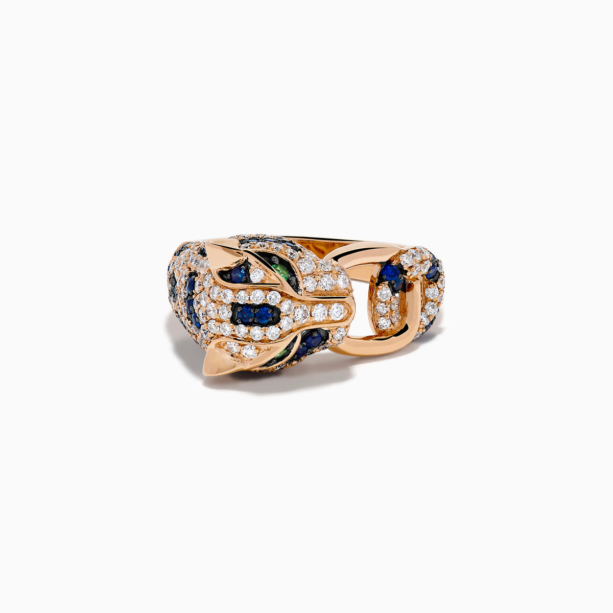 The Signature 14K Rose Gold Diamond, Sapphire and Emerald Ring features a panther’s head encrusted with white diamonds, blue sapphires, and green emeralds, with the panther biting a ring in its mouth.