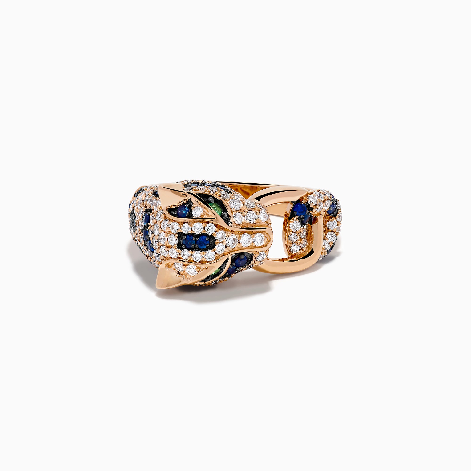 The Signature 14K Rose Gold Diamond, Sapphire and Emerald Ring features a panther’s head encrusted with white diamonds, blue sapphires, and green emeralds, with the panther biting a ring in its mouth.