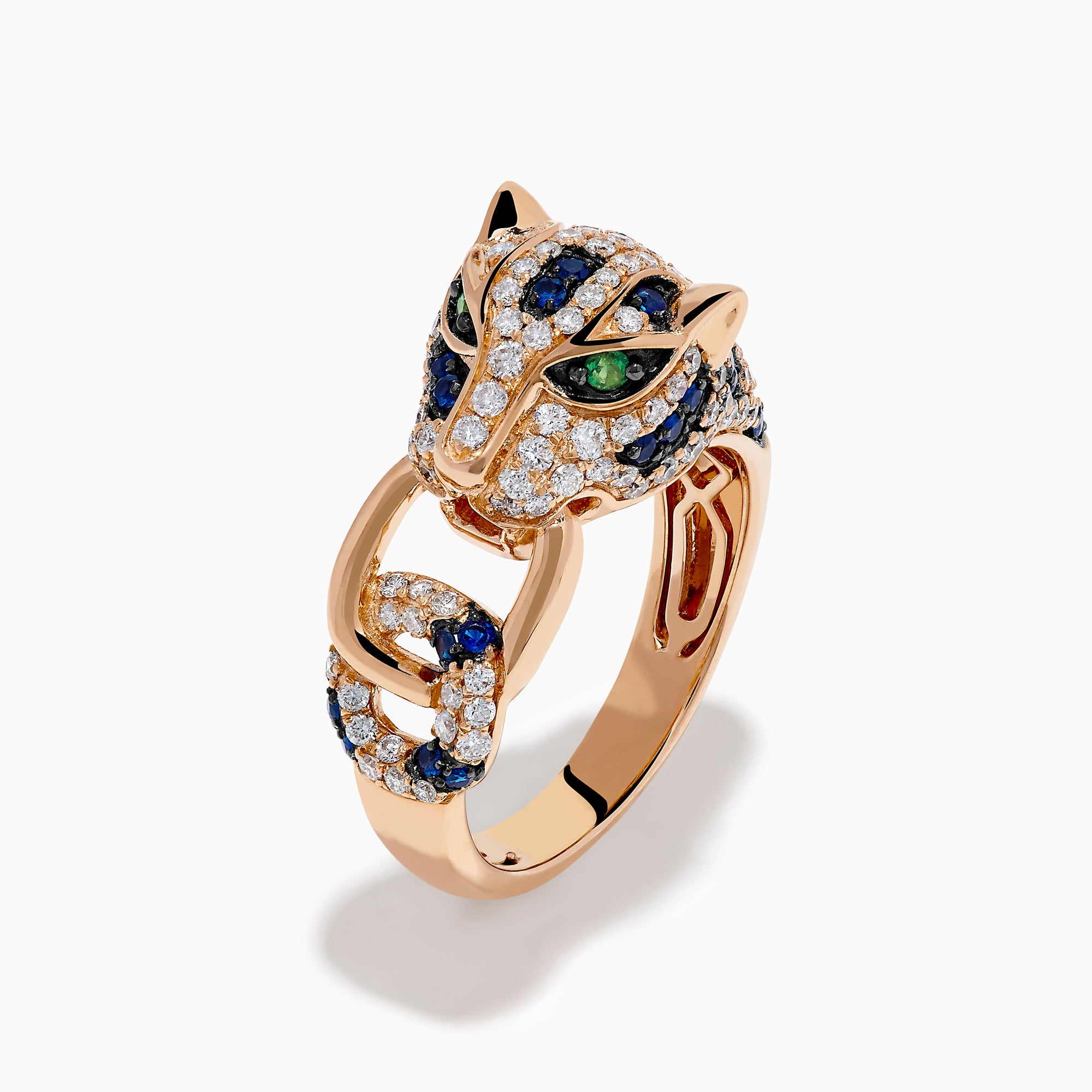 The Signature 14K Rose Gold Diamond, Sapphire and Emerald Ring features a panther’s head encrusted with white diamonds, blue sapphires, and green emeralds, with the panther biting a ring in its mouth.
