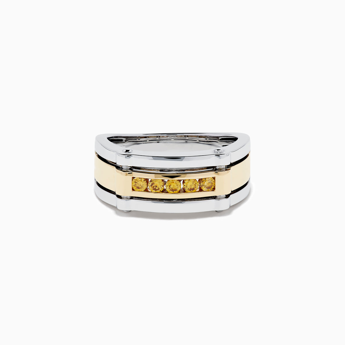 The Men's 14K Two Tone Gold Yellow Diamond Ring features a rectangular design with five round yellow diamonds set in a gold band, accented by polished silver edges.