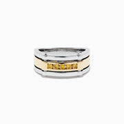 The Men's 14K Two Tone Gold Yellow Diamond Ring features a rectangular design with five round yellow diamonds set in a gold band, accented by polished silver edges.
