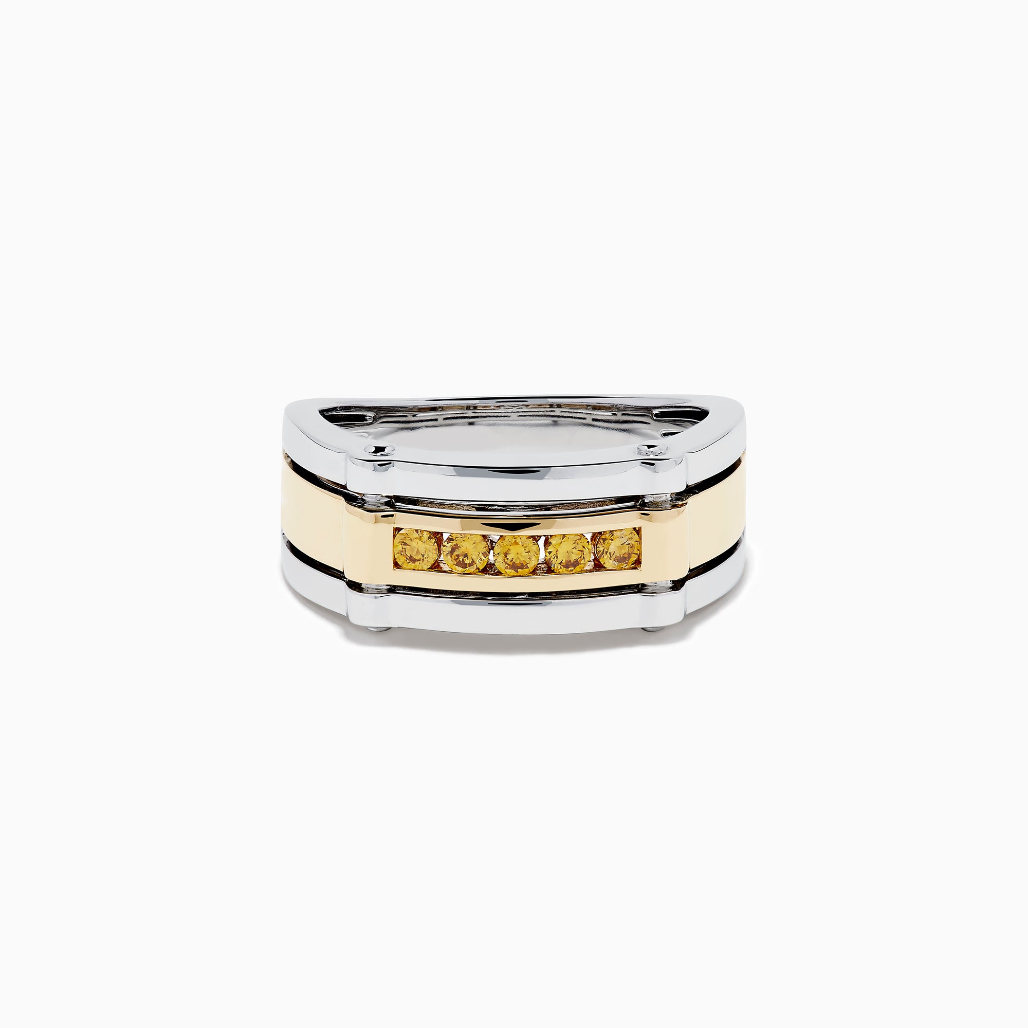 The Men's 14K Two Tone Gold Yellow Diamond Ring features a rectangular design with five round yellow diamonds set in a gold band, accented by polished silver edges.