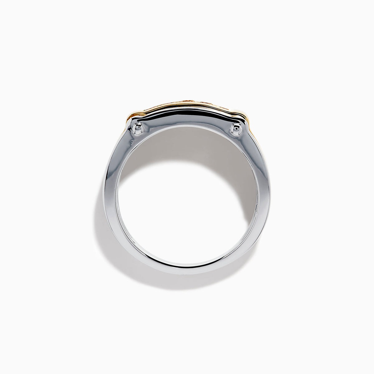 The Men's 14K Two Tone Gold Yellow Diamond Ring features a rectangular design with five round yellow diamonds set in a gold band, accented by polished silver edges.