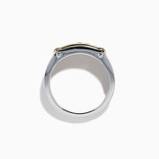 The Men's 14K Two Tone Gold Yellow Diamond Ring features a rectangular design with five round yellow diamonds set in a gold band, accented by polished silver edges.