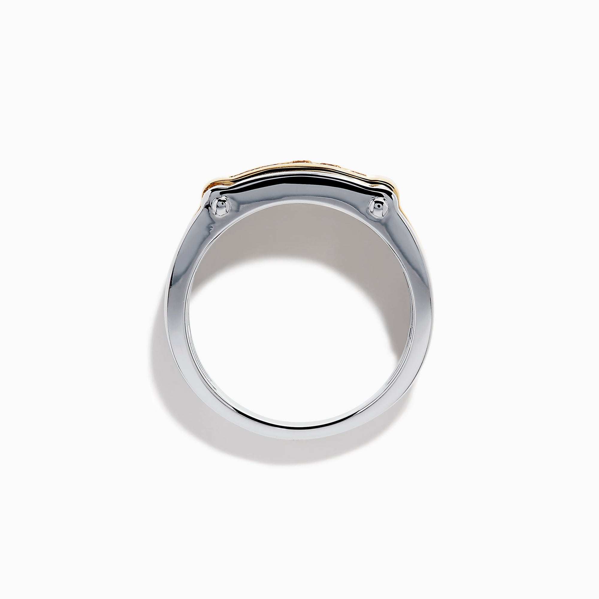 The Men's 14K Two Tone Gold Yellow Diamond Ring features a rectangular design with five round yellow diamonds set in a gold band, accented by polished silver edges.