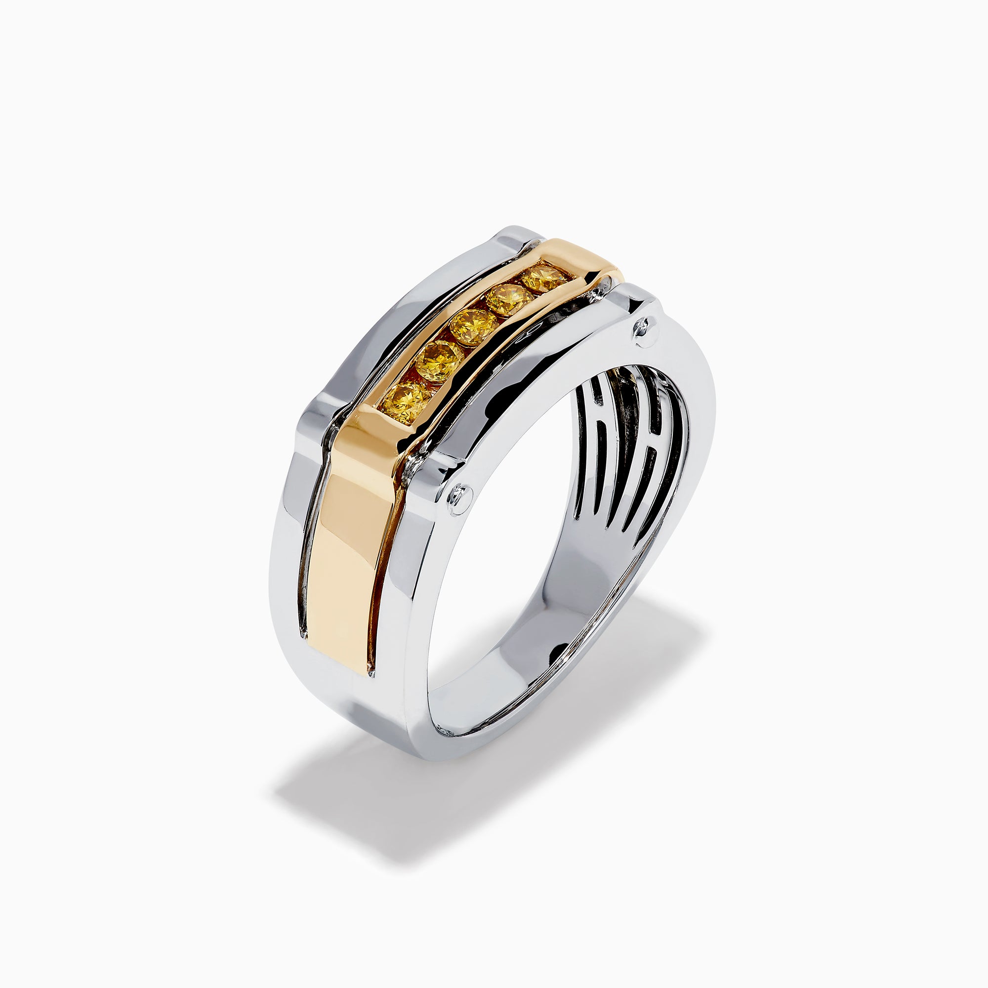 The Men's 14K Two Tone Gold Yellow Diamond Ring features a rectangular design with five round yellow diamonds set in a gold band, accented by polished silver edges.