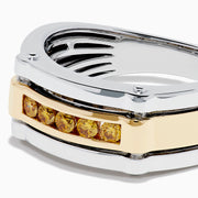 The Men's 14K Two Tone Gold Yellow Diamond Ring features a rectangular design with five round yellow diamonds set in a gold band, accented by polished silver edges.