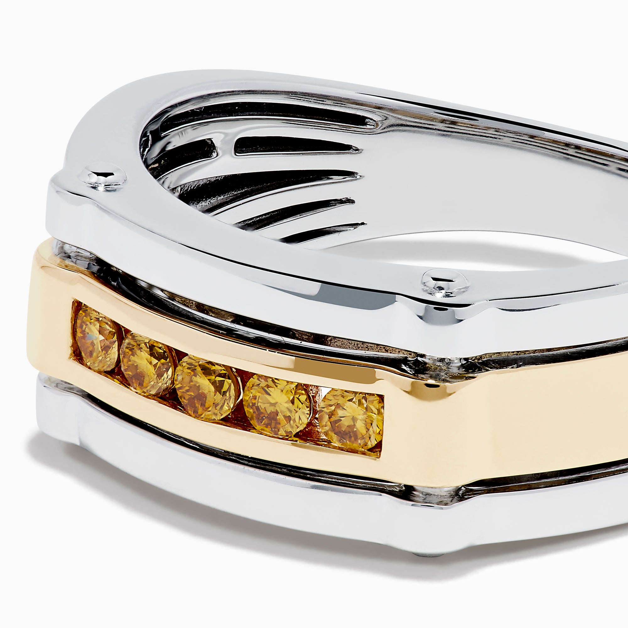 The Men's 14K Two Tone Gold Yellow Diamond Ring features a rectangular design with five round yellow diamonds set in a gold band, accented by polished silver edges.