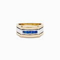 The Men's 14K Two Tone Gold Blue Sapphire Channel Set Ring features a modern rectangular band with five blue sapphires set at the center, crafted in stylish two tone gold.