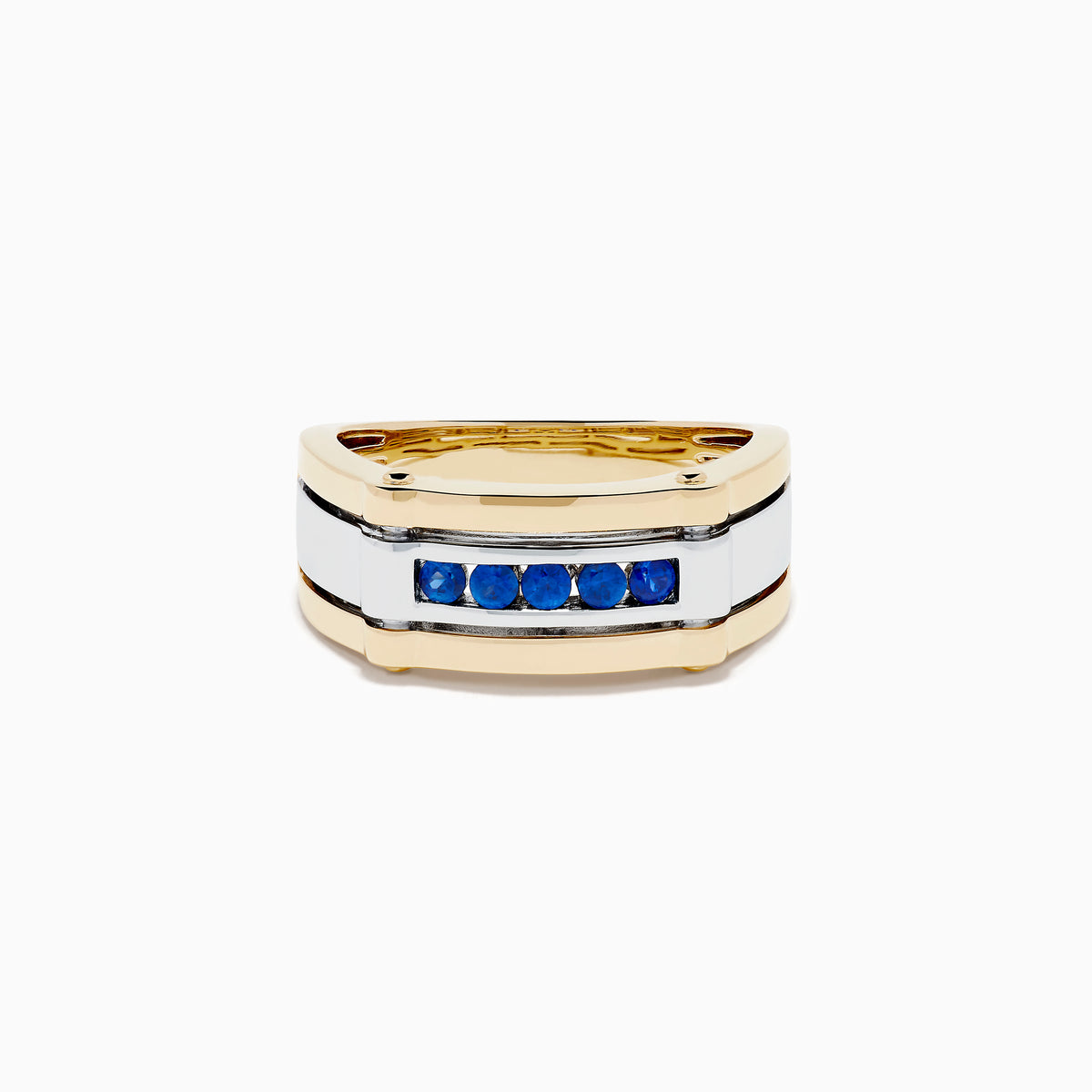 The Men's 14K Two Tone Gold Blue Sapphire Channel Set Ring features a modern rectangular band with five blue sapphires set at the center, crafted in stylish two tone gold.