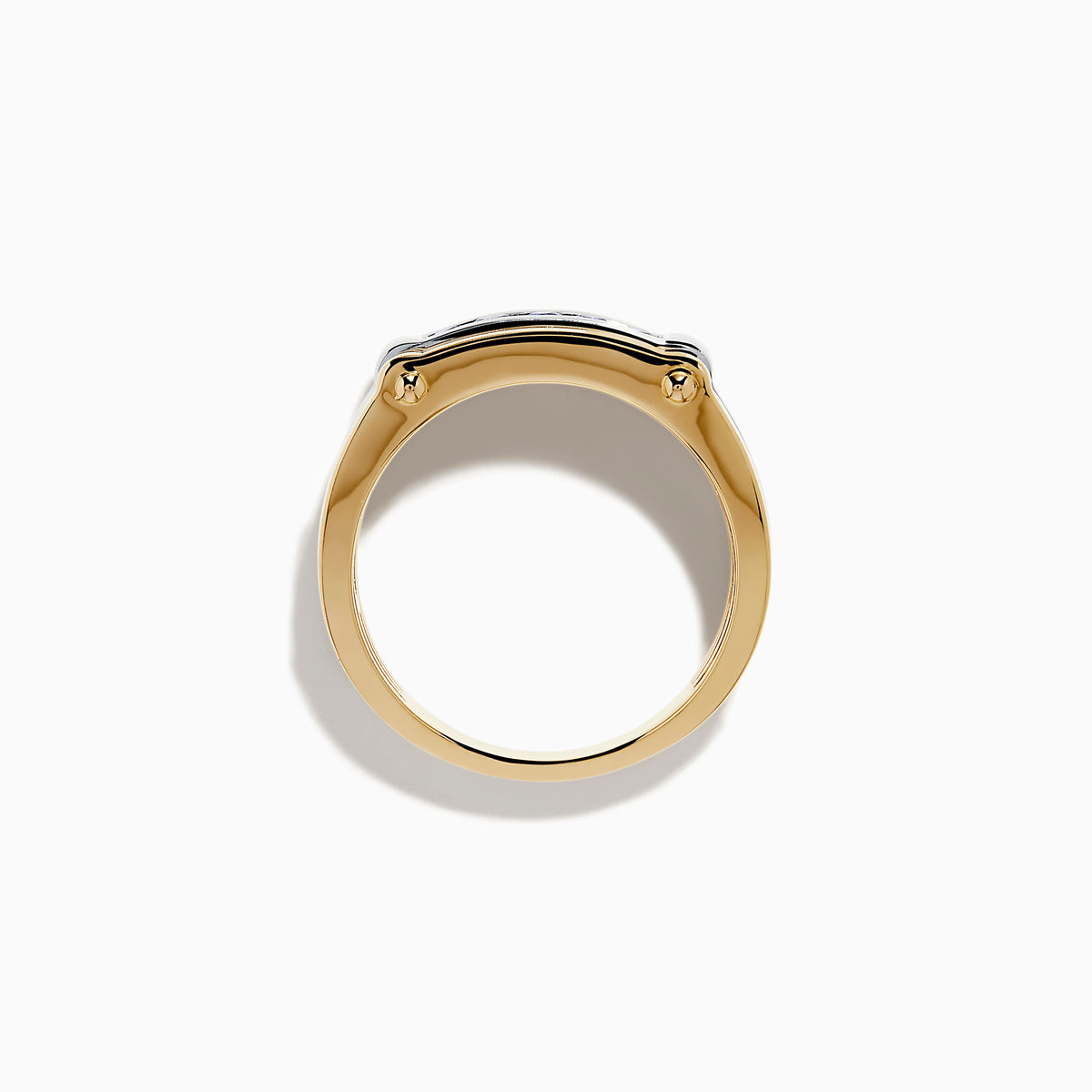 The Men's 14K Two Tone Gold Blue Sapphire Channel Set Ring features a modern rectangular band with five blue sapphires set at the center, crafted in stylish two tone gold.