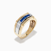 The Men's 14K Two Tone Gold Blue Sapphire Channel Set Ring features a modern rectangular band with five blue sapphires set at the center, crafted in stylish two tone gold.