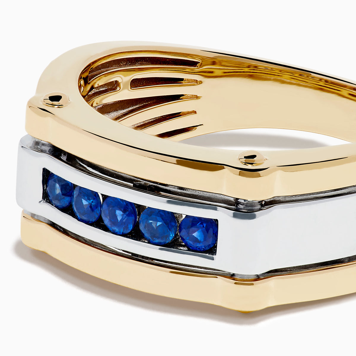 The Men's 14K Two Tone Gold Blue Sapphire Channel Set Ring features a modern rectangular band with five blue sapphires set at the center, crafted in stylish two tone gold.