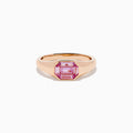 The 14K Rose Gold Bezel Set Pink Sapphire Ring showcases an emerald-cut pink sapphire in a bezel setting, presented on a white background.