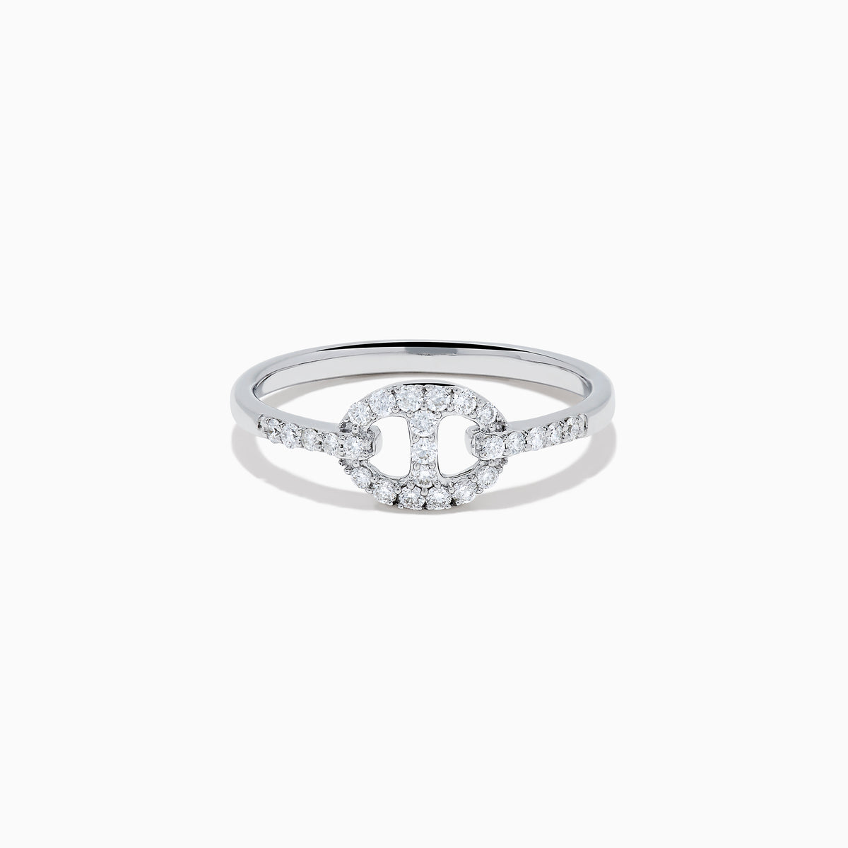 The Pave Classica 14K White Gold Diamond Anchor Chain Ring features a circular, anchor chain design with sparkling diamonds adorning both the centerpiece and the band, shown against a white background.
