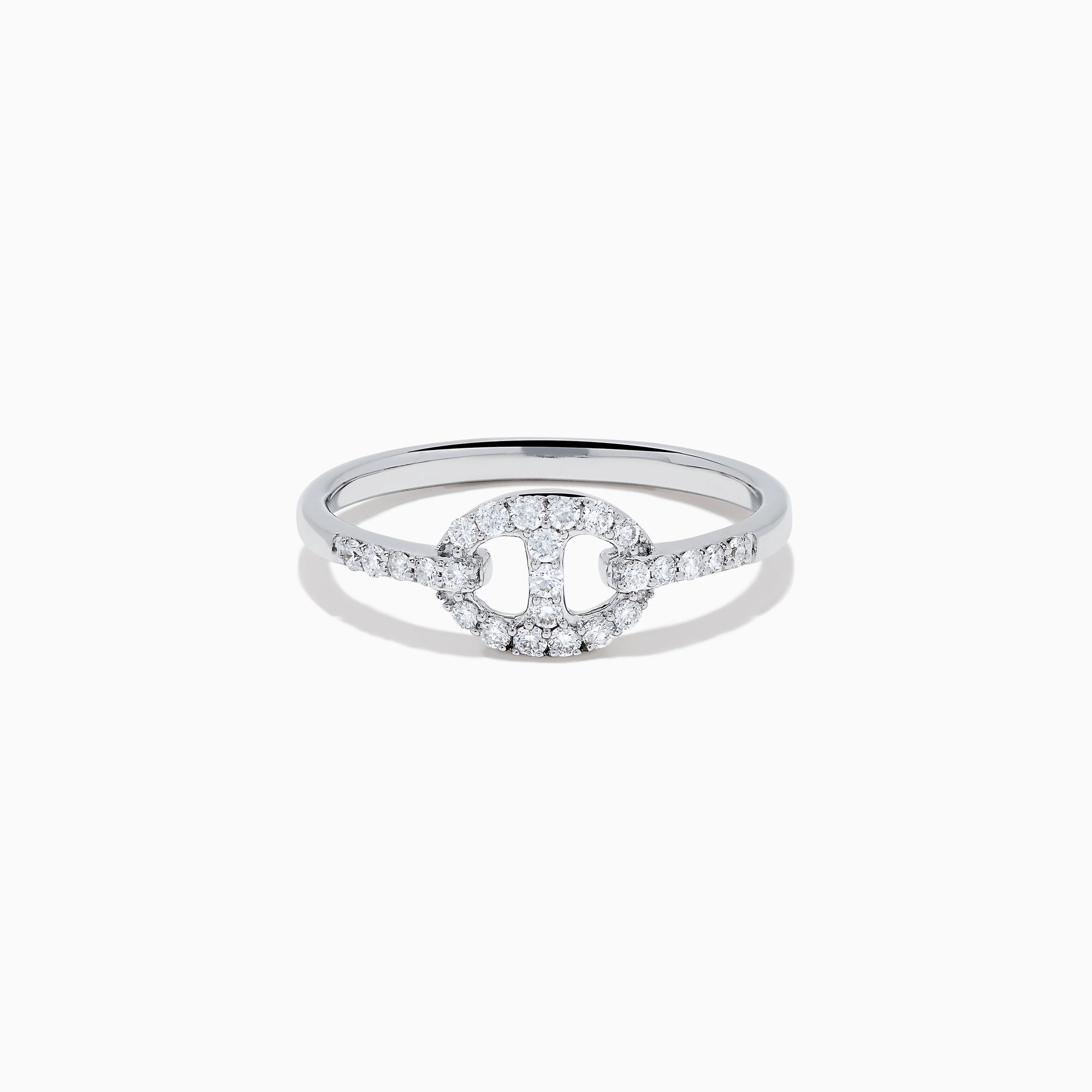 The Pave Classica 14K White Gold Diamond Anchor Chain Ring features a circular, anchor chain design with sparkling diamonds adorning both the centerpiece and the band, shown against a white background.