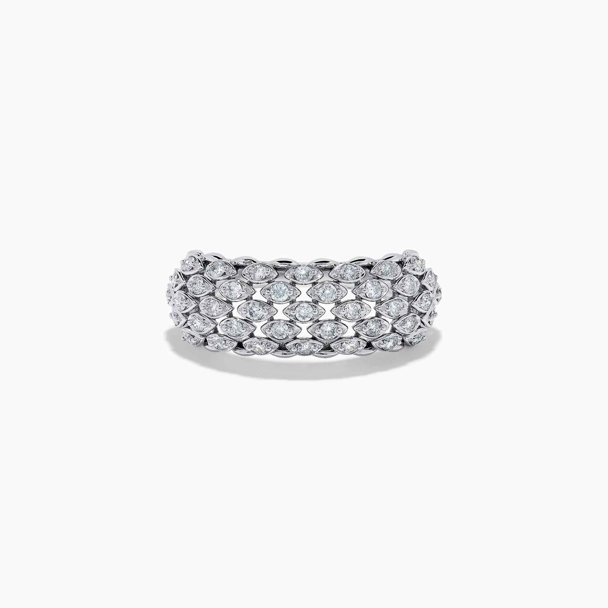 The 14K White Gold Diamond Wide Band Ring features multiple rows of round, sparkling white diamonds and is shown against a plain white background.