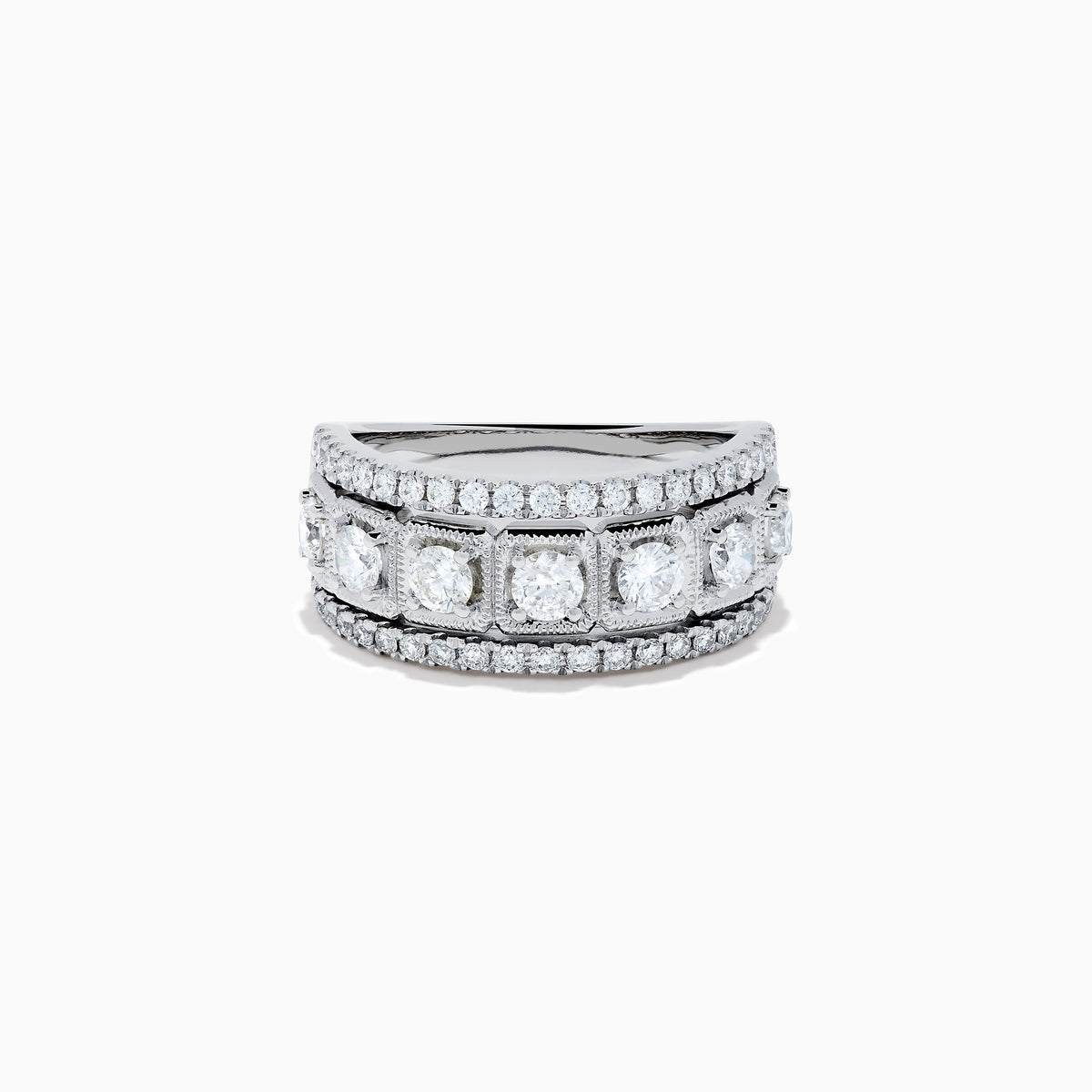 The Classique 14K White Gold Diamond Ring features large round diamonds in square frames, bordered by rows of smaller diamonds, all beautifully crafted in shining 14K white gold.
