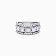 The Classique 14K White Gold Diamond Ring features large round diamonds in square frames, bordered by rows of smaller diamonds, all beautifully crafted in shining 14K white gold.
