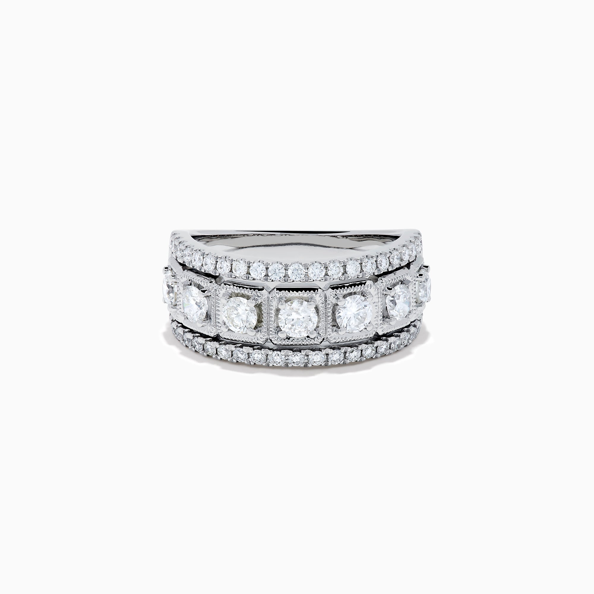 The Classique 14K White Gold Diamond Ring features large round diamonds in square frames, bordered by rows of smaller diamonds, all beautifully crafted in shining 14K white gold.