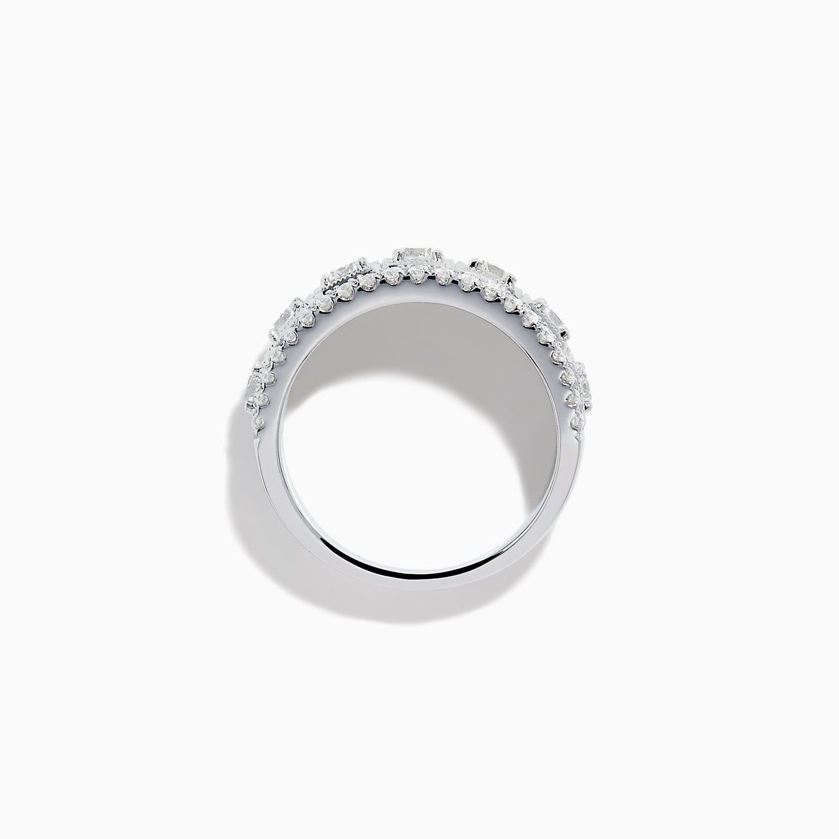 The Classique 14K White Gold Diamond Ring features large round diamonds in square frames, bordered by rows of smaller diamonds, all beautifully crafted in shining 14K white gold.