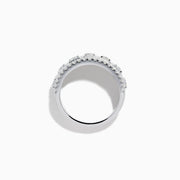 The Classique 14K White Gold Diamond Ring features large round diamonds in square frames, bordered by rows of smaller diamonds, all beautifully crafted in shining 14K white gold.