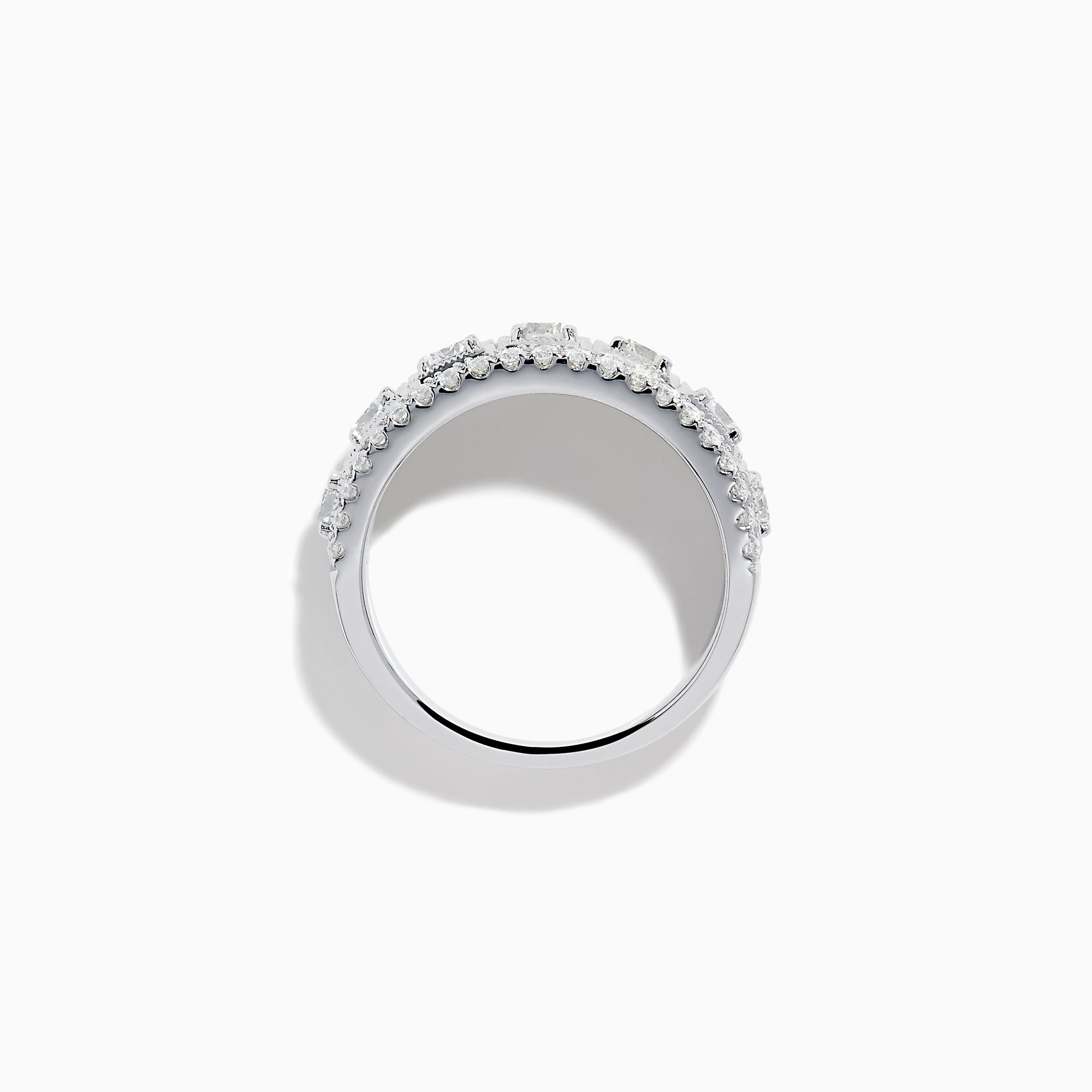 The Classique 14K White Gold Diamond Ring features large round diamonds in square frames, bordered by rows of smaller diamonds, all beautifully crafted in shining 14K white gold.