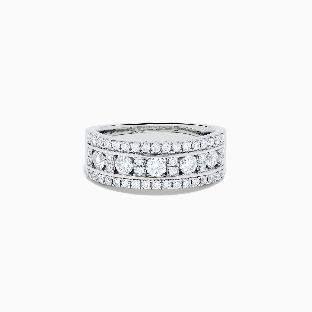The 14K White Gold Channel Set Diamond Wide Band Ring features three rows of round diamonds, with five larger channel-set stones in the center and smaller diamonds on either side, creating an elegant, eye-catching look.