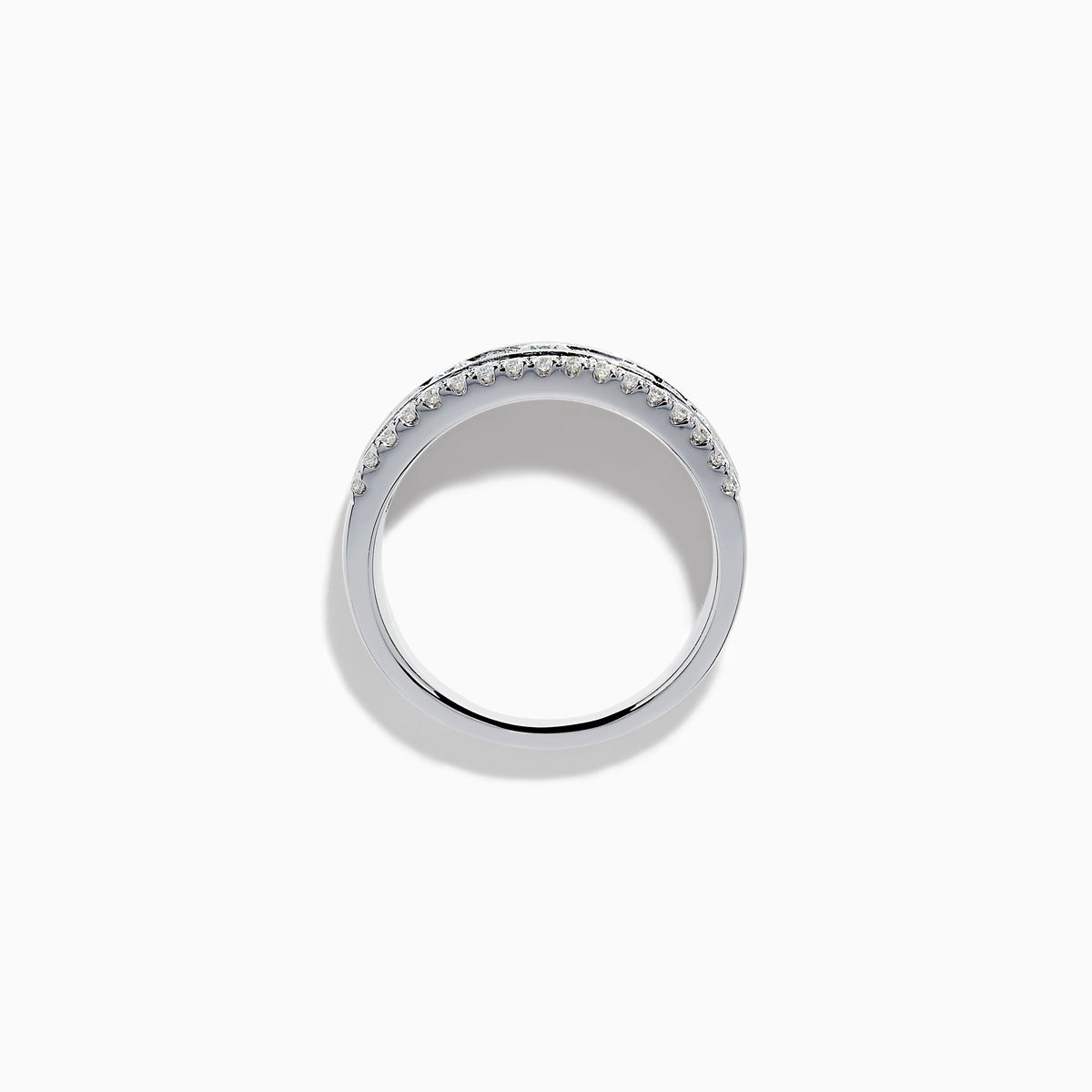 The 14K White Gold Channel Set Diamond Wide Band Ring features three rows of round diamonds, with five larger channel-set stones in the center and smaller diamonds on either side, creating an elegant, eye-catching look.