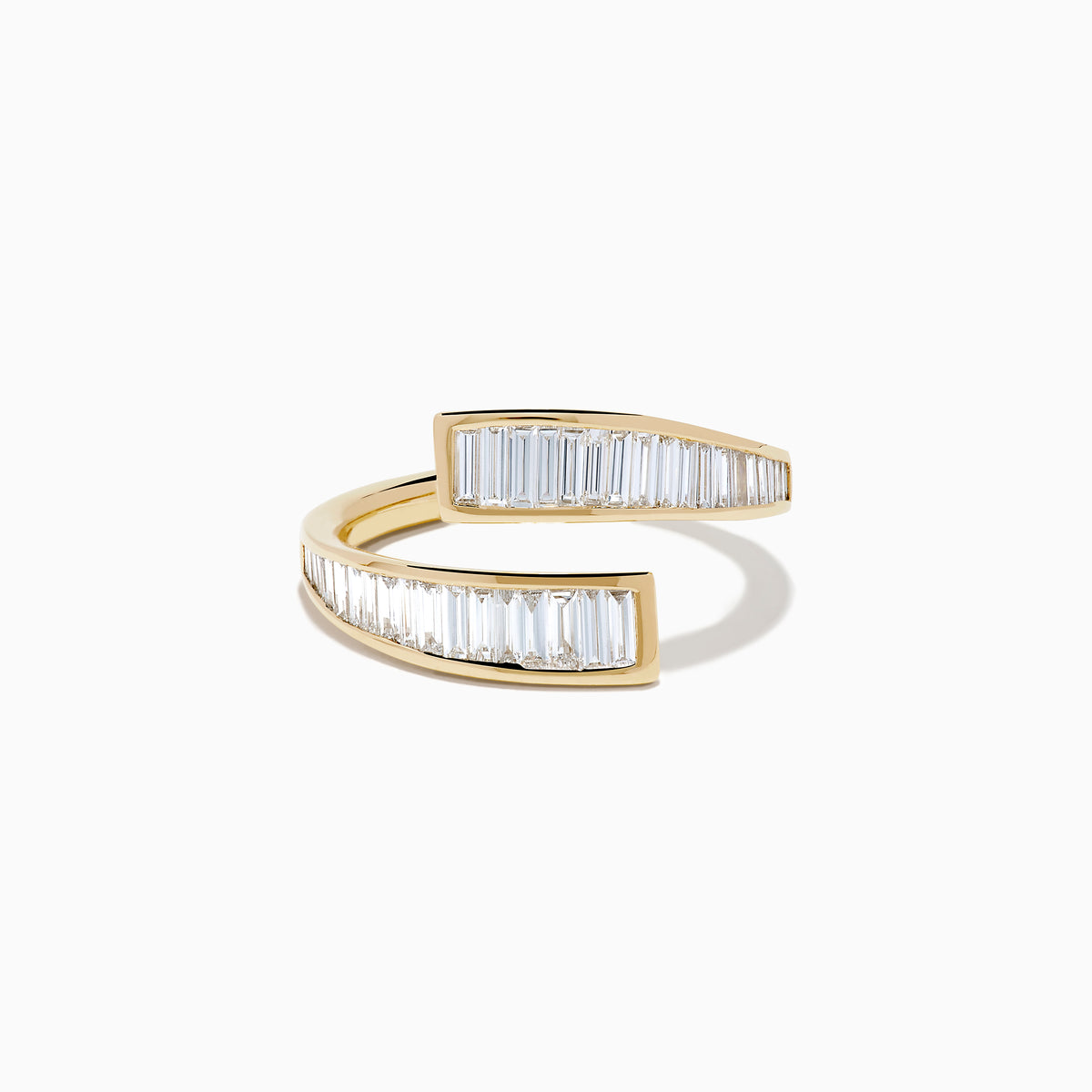 The D'Oro 14K Yellow Gold Diamond Bypass Ring features an open-ended design with parallel rows of rectangular baguette-cut diamonds along the edges, displayed on a white background.