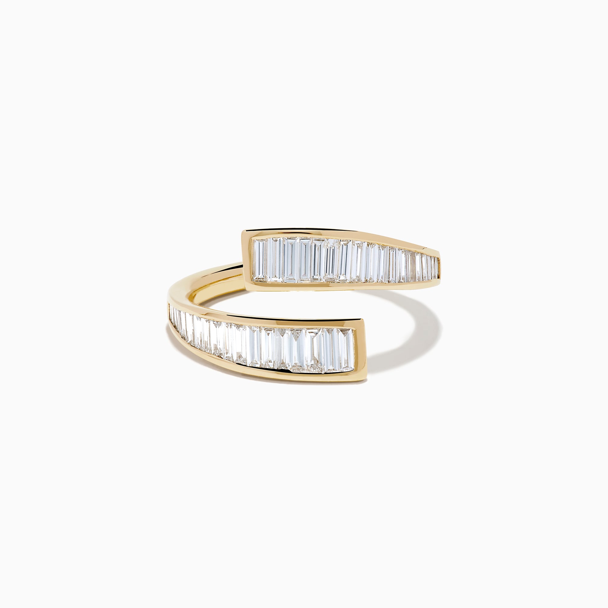The D'Oro 14K Yellow Gold Diamond Bypass Ring features an open-ended design with parallel rows of rectangular baguette-cut diamonds along the edges, displayed on a white background.
