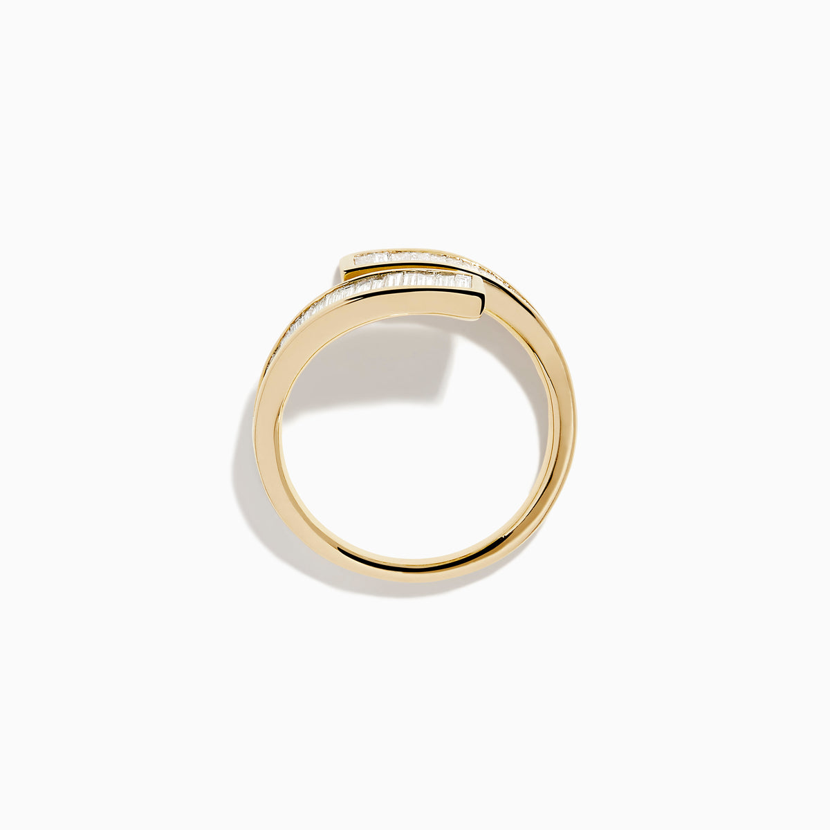 The D'Oro 14K Yellow Gold Diamond Bypass Ring features an open-ended design with parallel rows of rectangular baguette-cut diamonds along the edges, displayed on a white background.