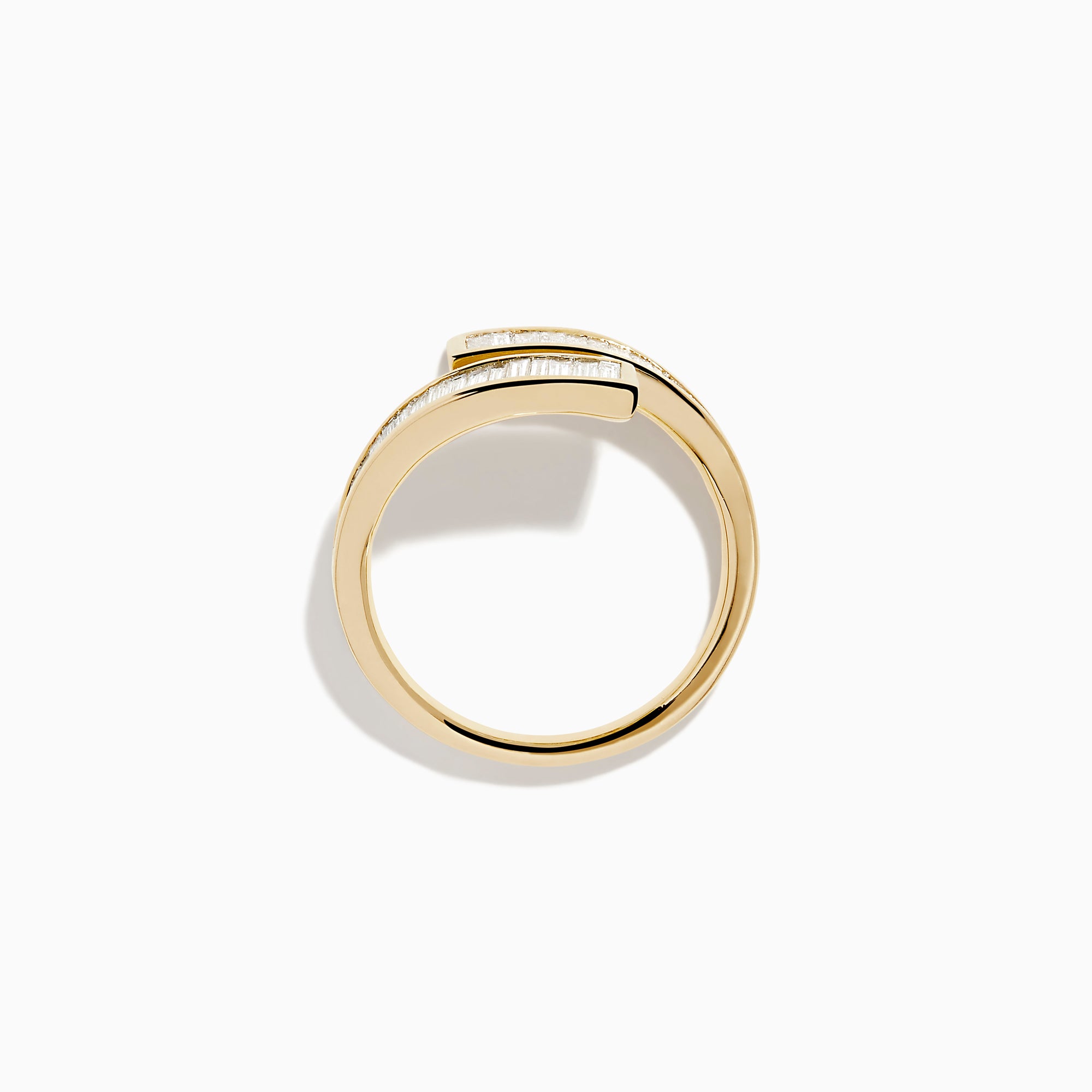 The D'Oro 14K Yellow Gold Diamond Bypass Ring features an open-ended design with parallel rows of rectangular baguette-cut diamonds along the edges, displayed on a white background.