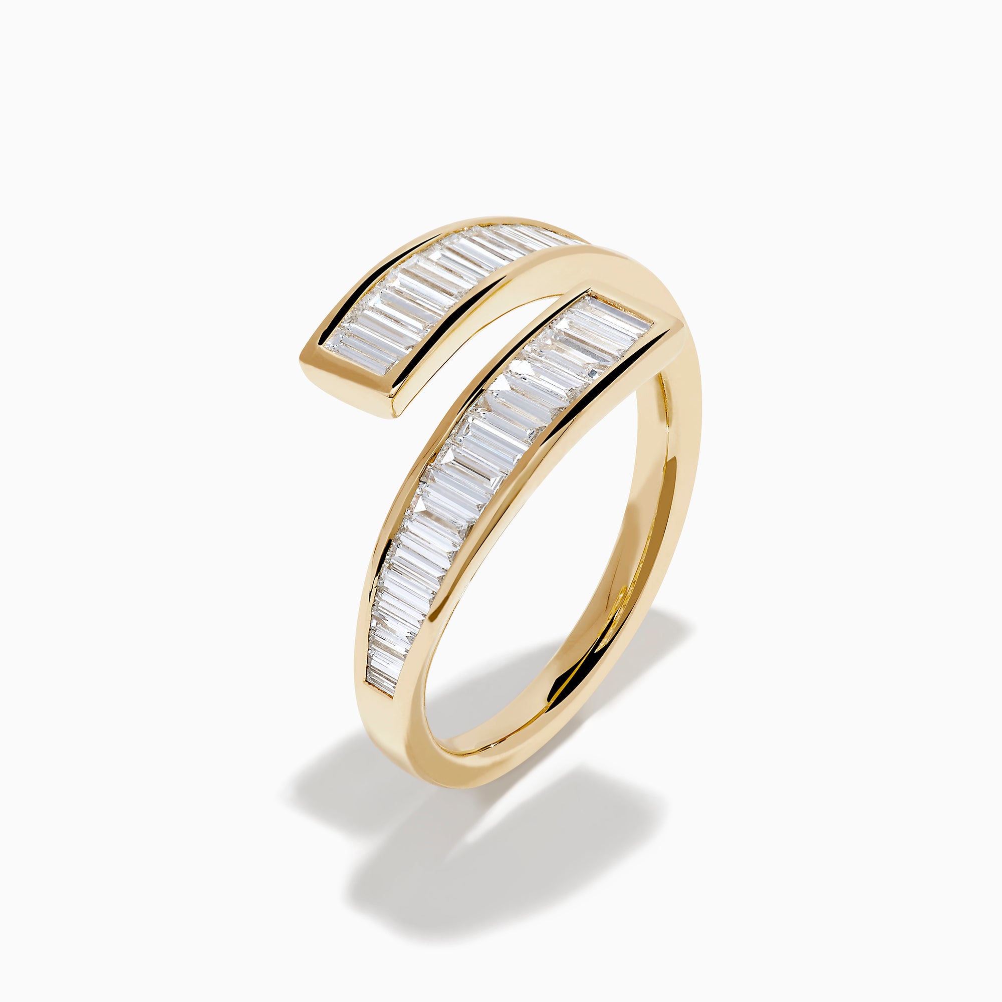 The D'Oro 14K Yellow Gold Diamond Bypass Ring features an open-ended design with parallel rows of rectangular baguette-cut diamonds along the edges, displayed on a white background.